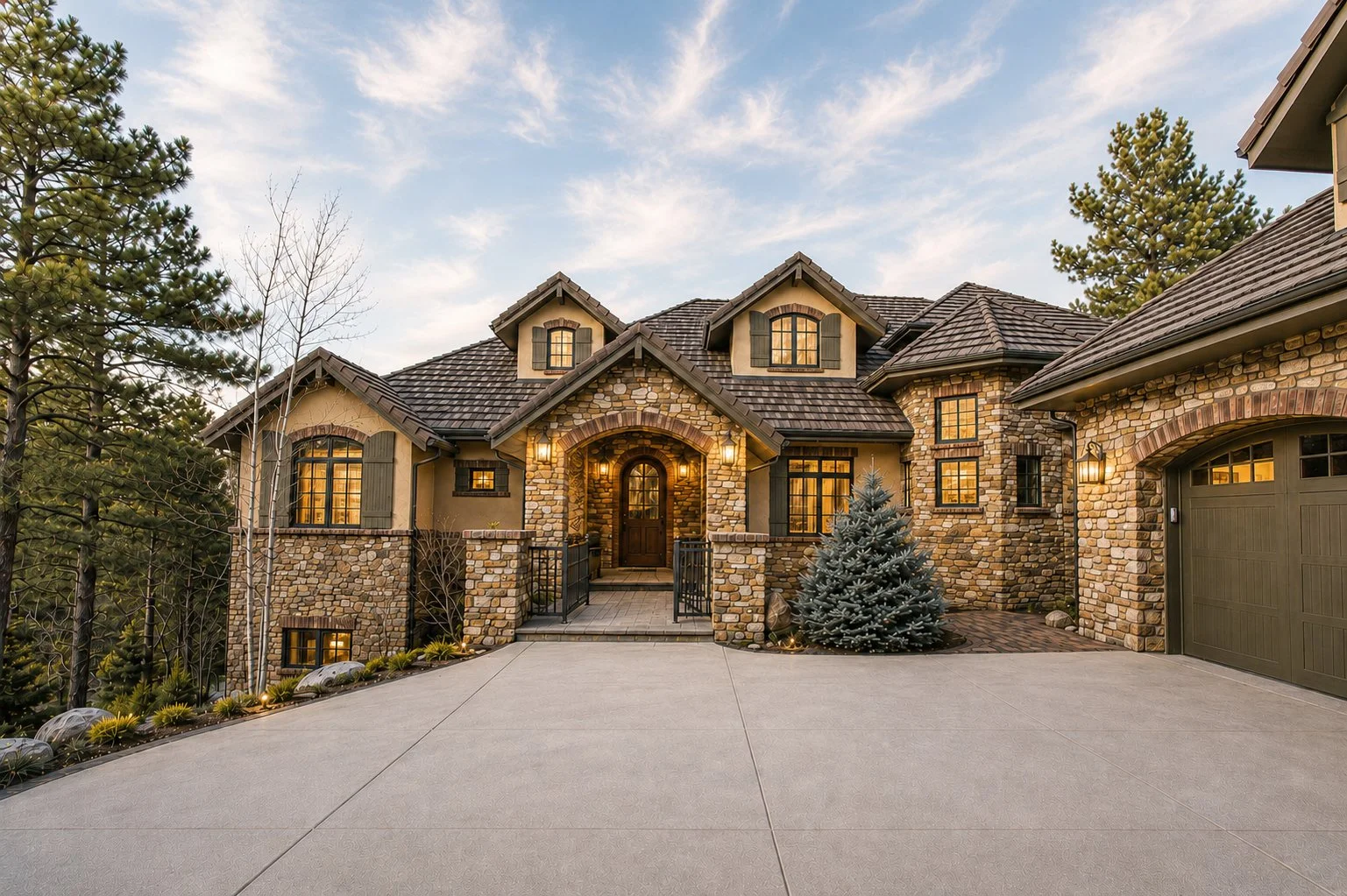 Rustic European-style custom home exterior, Castle Rock, Colorado