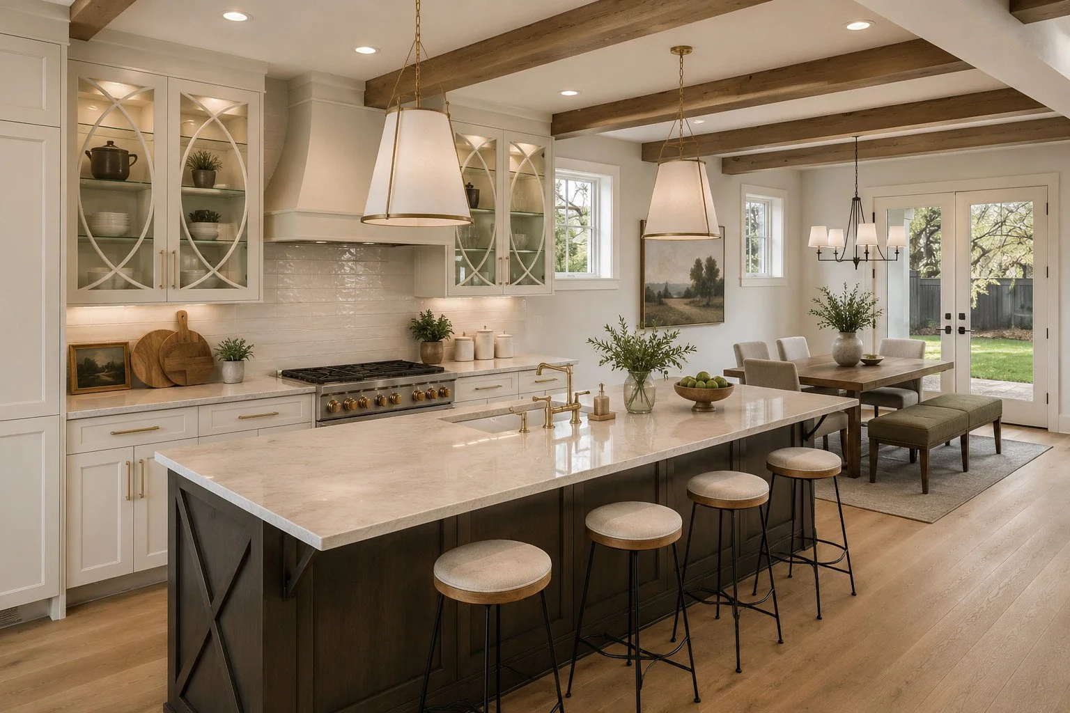 Kitchen and dining area with exposed beams, custom ADU, Parker, Colorado