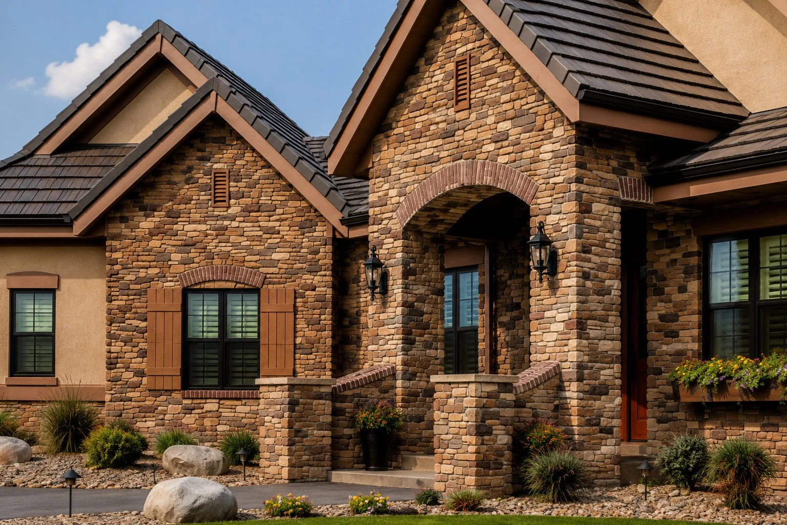 Custom home front elevation with natural stone gables, stucco and landscaped grounds, Elizabeth, Colorado