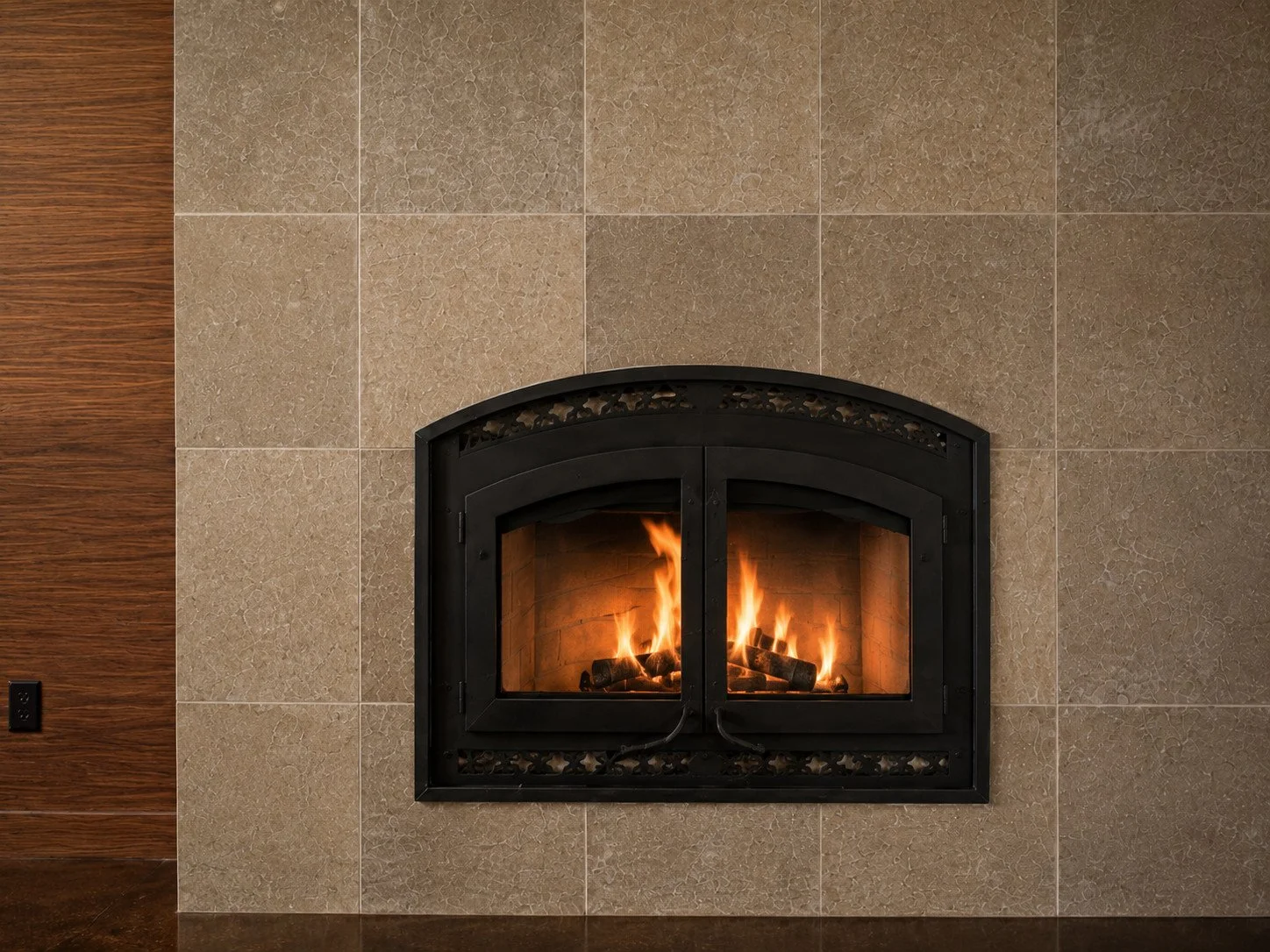 Tiled Wood Burning Sealed Fireplace walnut wall, Fraser, Colorado