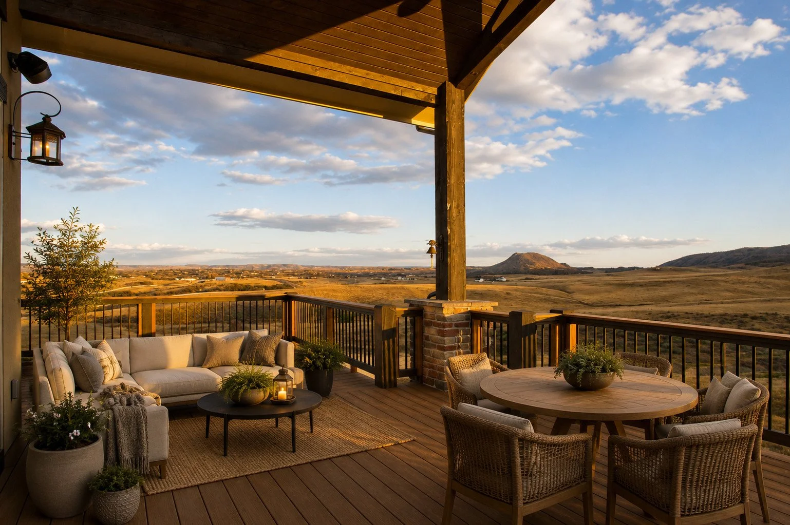 Custom covered outdoor living and dining area overlooking Colorado hills at sunset, Sedalia, Colorado