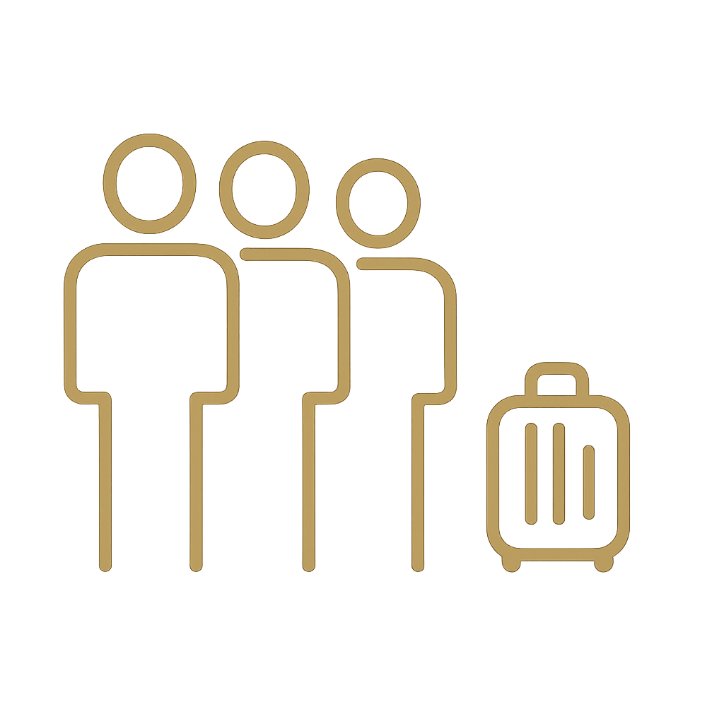 Minimalist line drawing of three people standing with a suitcase.
