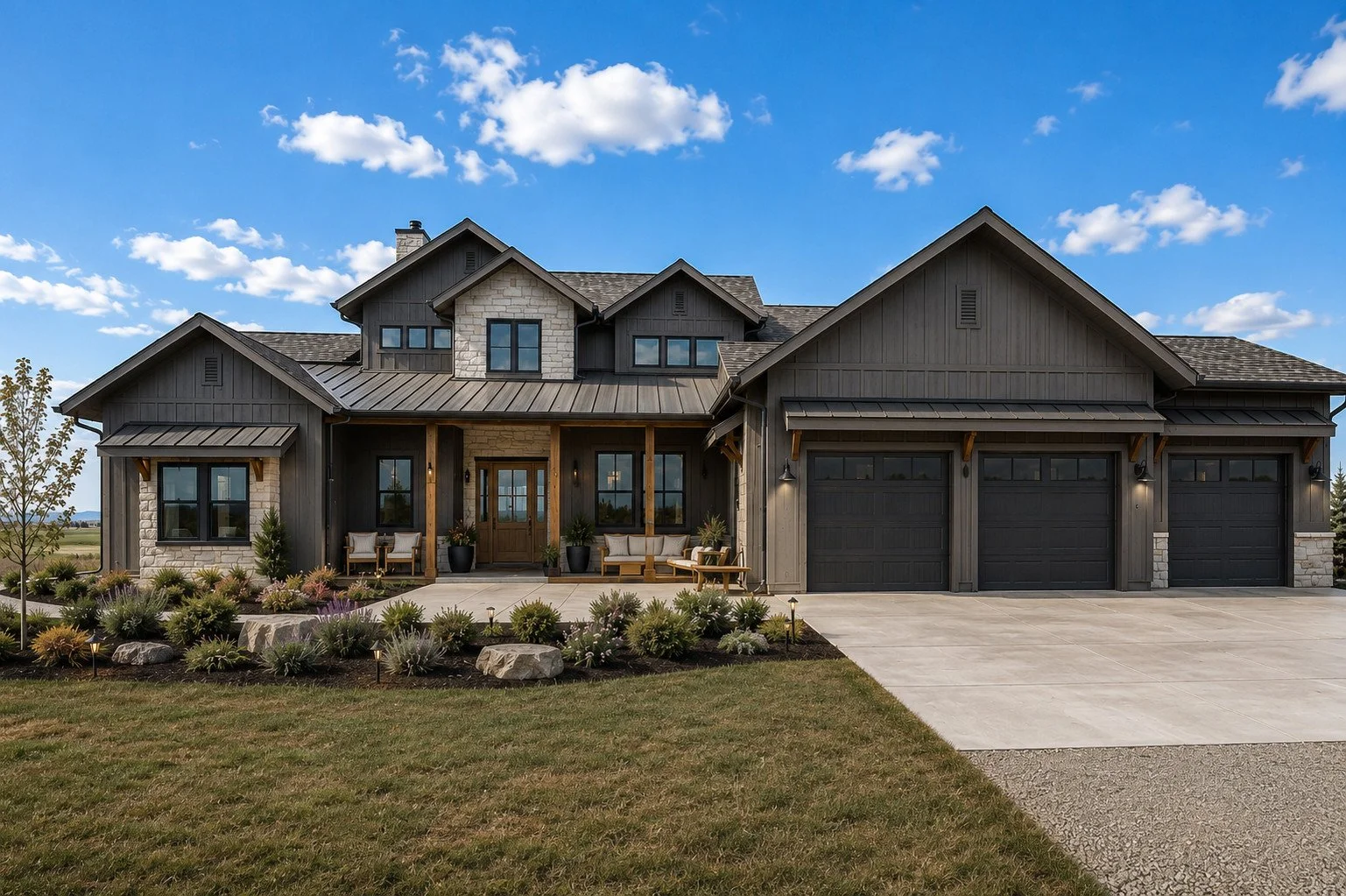 Modern farmhouse custom home with charcoal siding, natural stone accents and three-car garage, Parker, Colorado