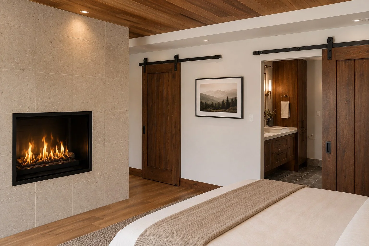 Bedroom with fireplace, barn doors, and en suite bath, Fraser, Colorado