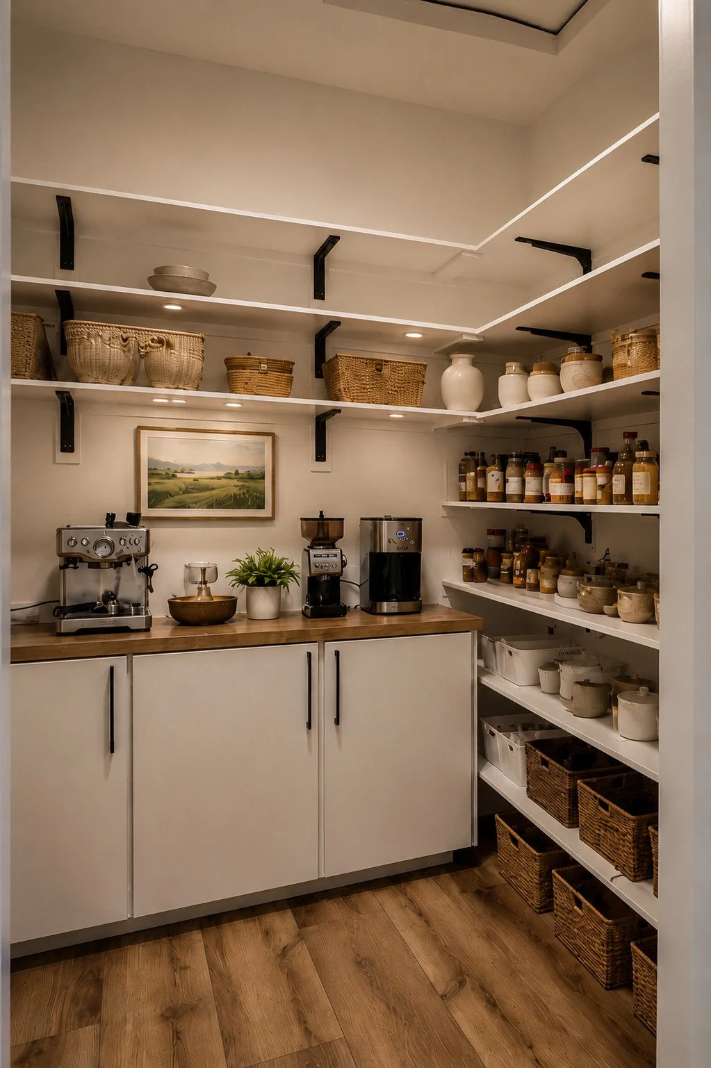 Butler's pantry with coffee station and open shelves, Franktown, Colorado