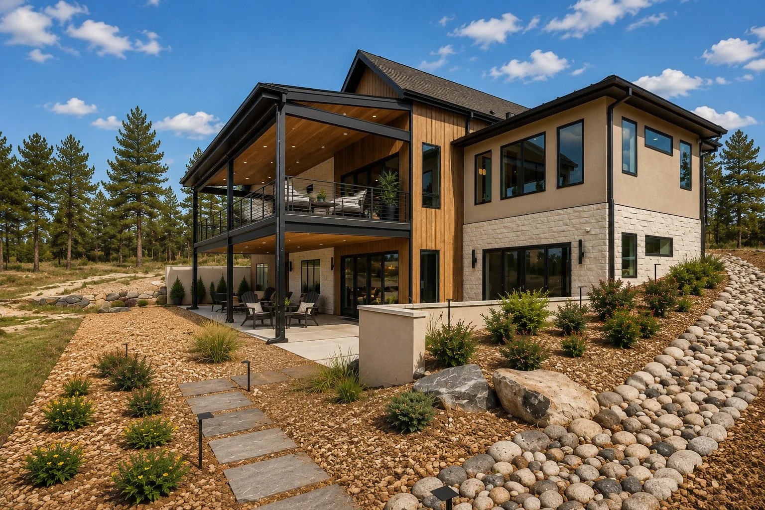 Covered outdoor living area with steel framing and stained lighted soffit, Castle Rock, Colorado