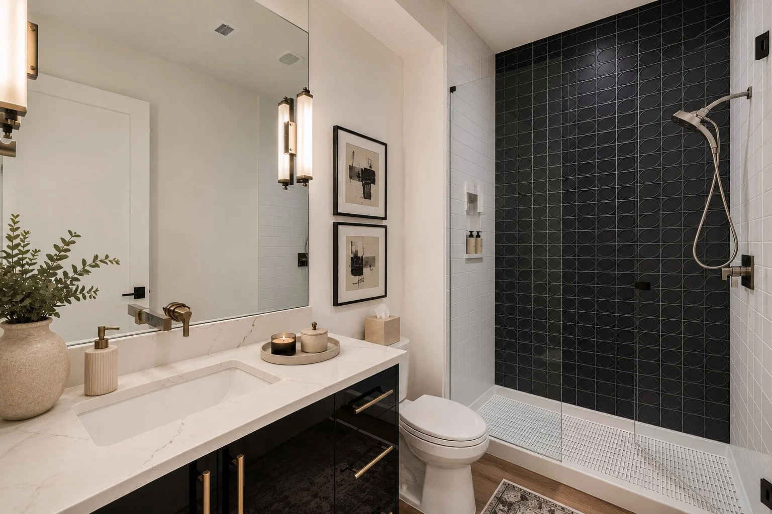 En suite guest bath with black and white tile, Franktown, Colorado