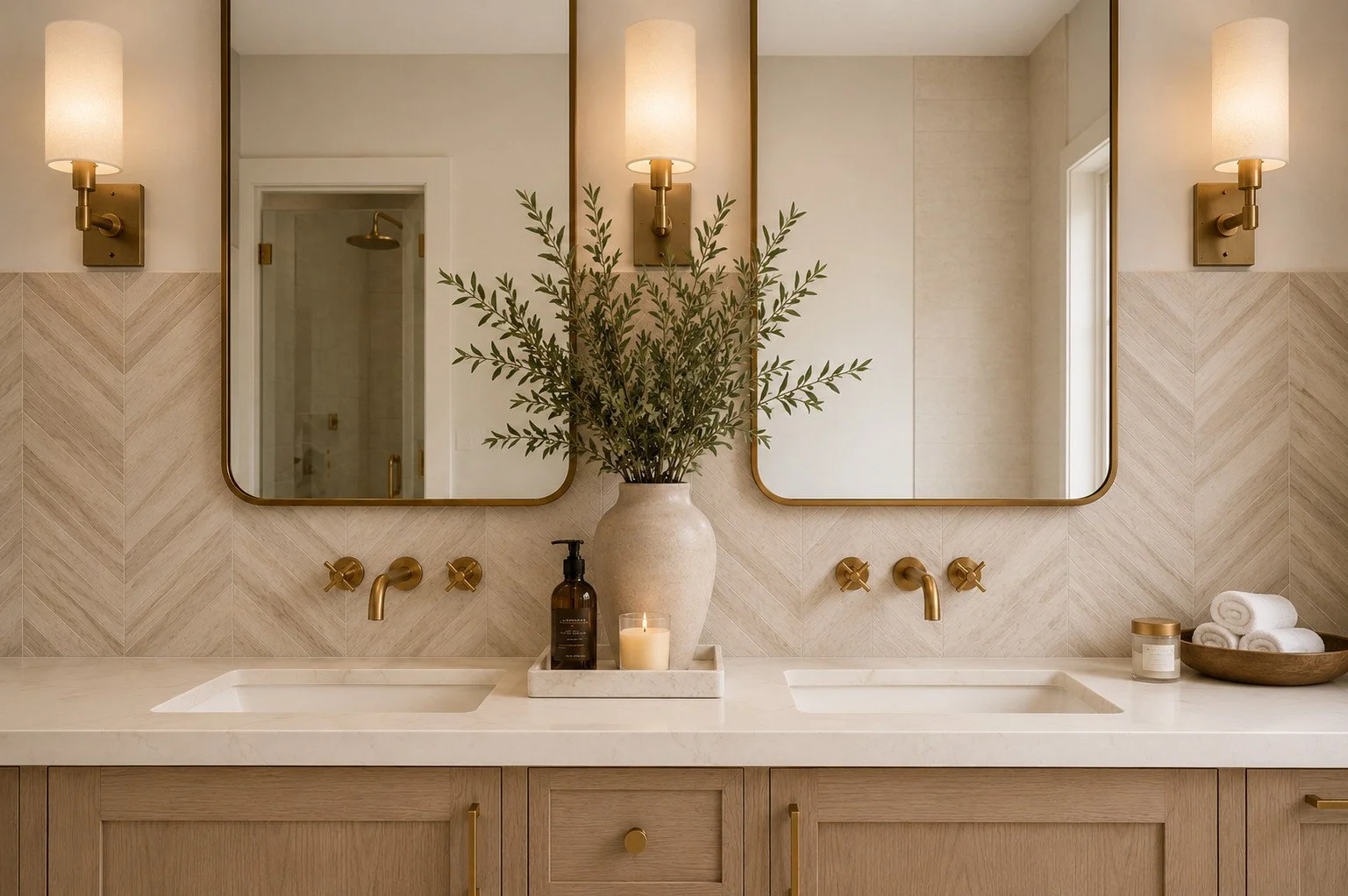 Bathroom double vanity with brass fixtures and picture framed brass mirrors, Parker, Colorado