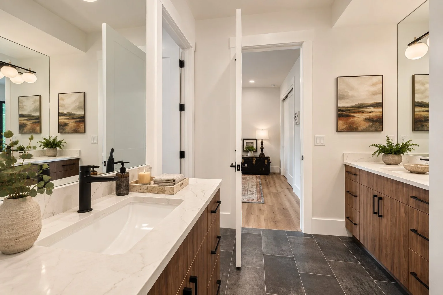 Jack-and-Jill bathroom with dual black-fixture vanities, Franktown, Colorado