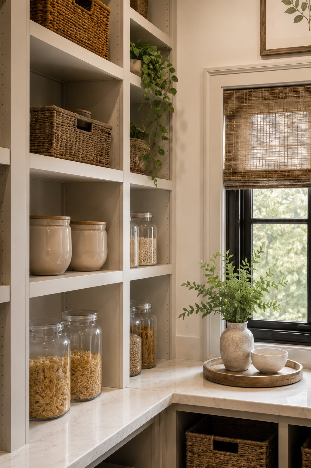 Pantry corner with wicker baskets and glass jars, Sedalia, Colorado