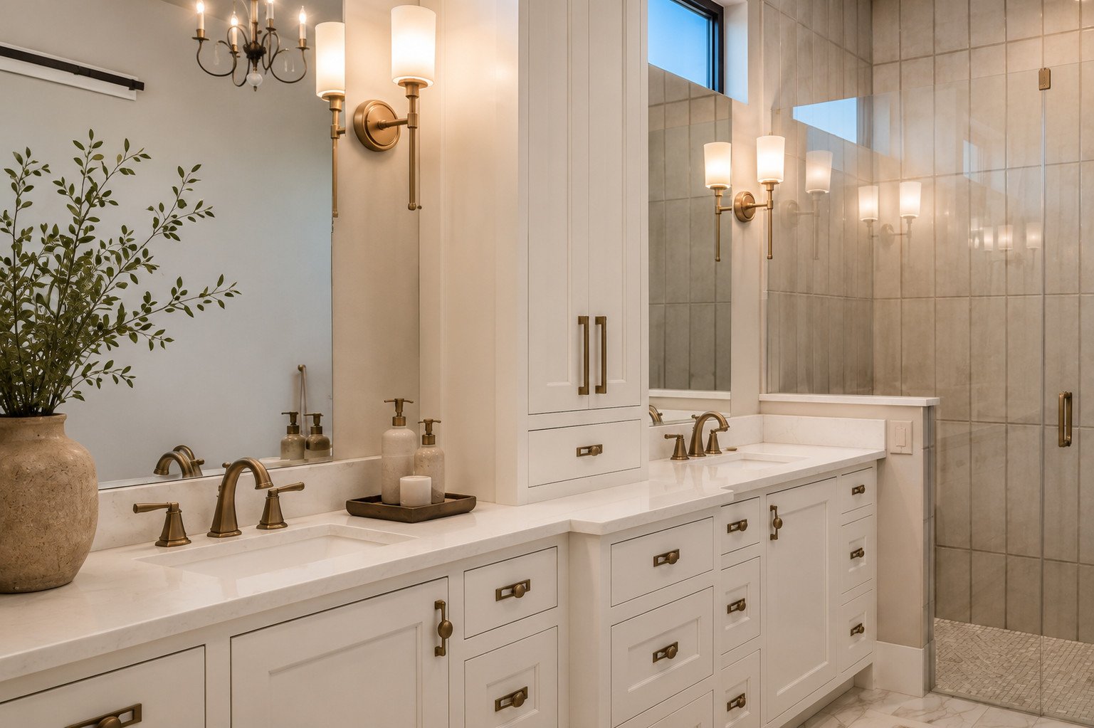 Primary bathroom retreat with custom white cabinets and brass fixtures, Franktown, Colorado