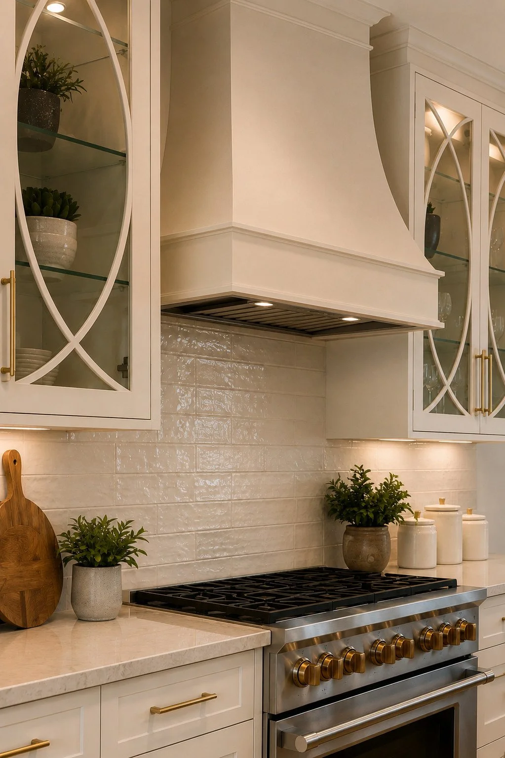 Kitchen range alcove with cream tile and brass knobs, Parker, Colorado