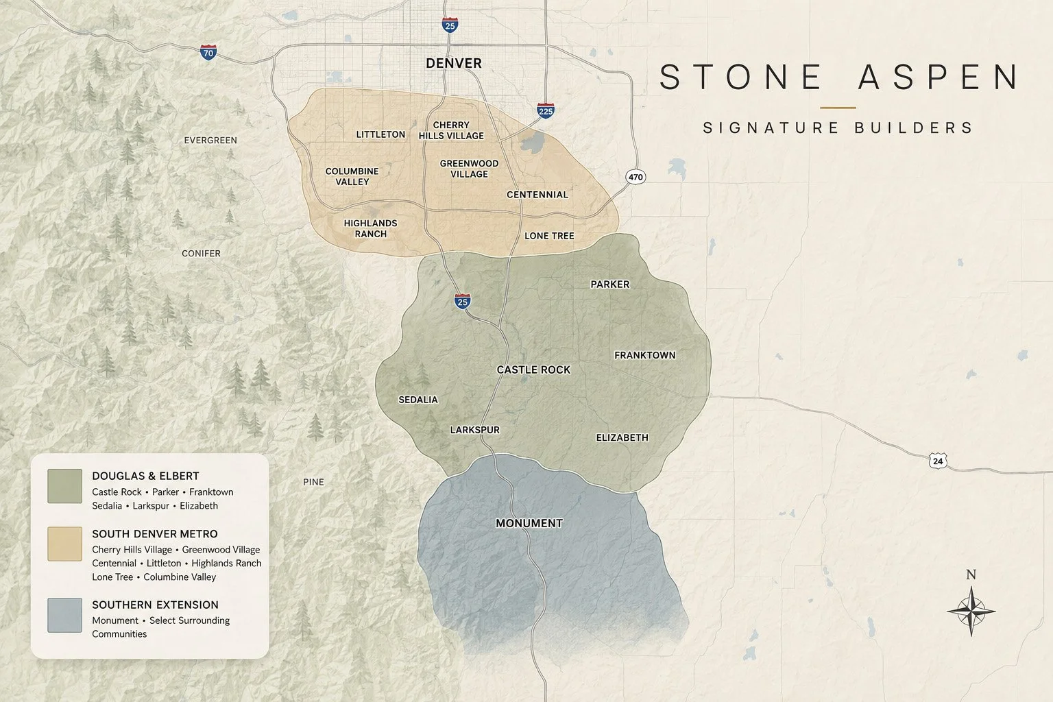 Stone Aspen service area map showing Castle Rock, Parker, Franktown, Sedalia, Larkspur, Elizabeth, South Denver and Monument, Colorado.