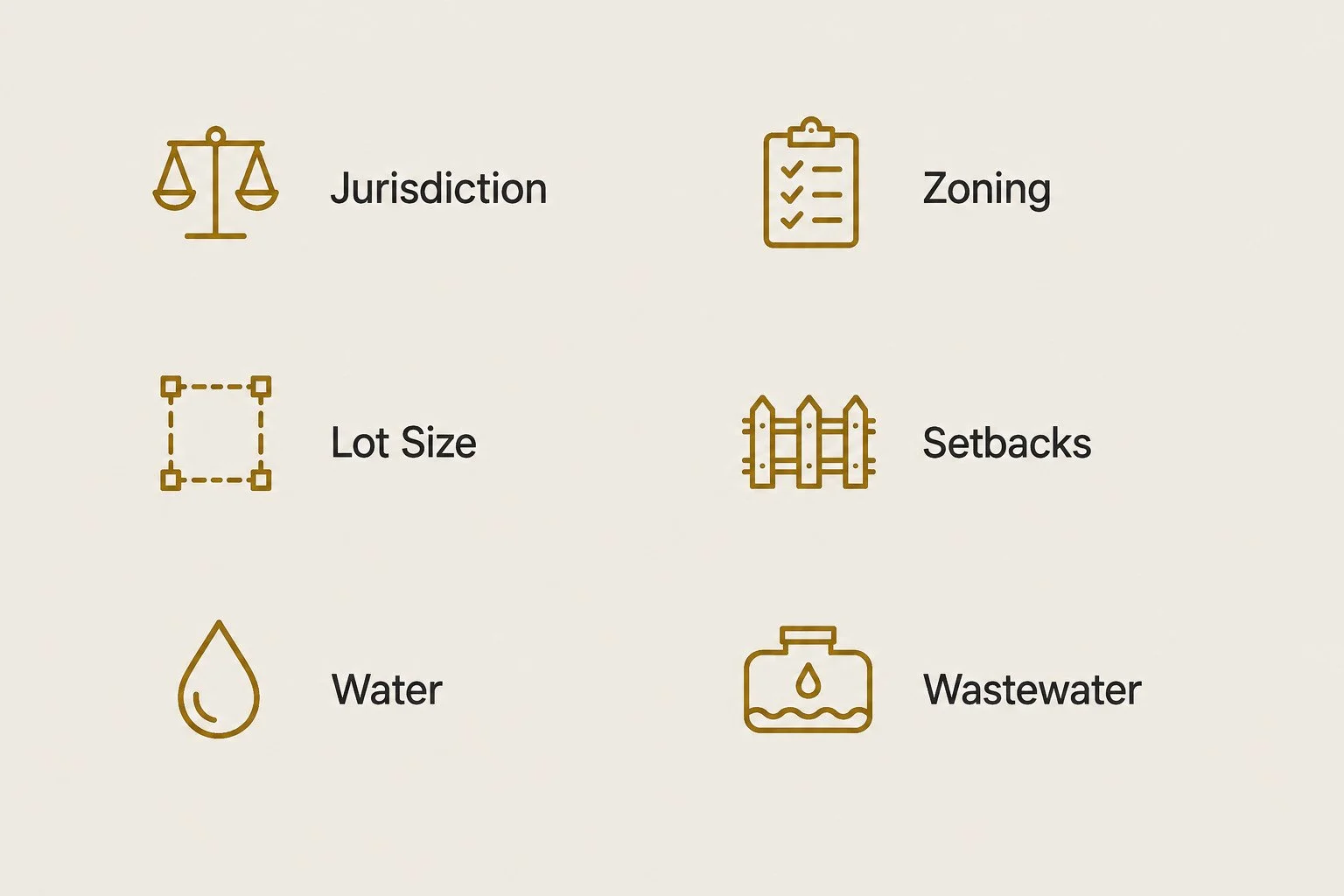 Jurisdiction, zoning, lot size, setbacks, water and wastewater service, access, fire requirements, existing improvements and private covenants or HOA restrictions