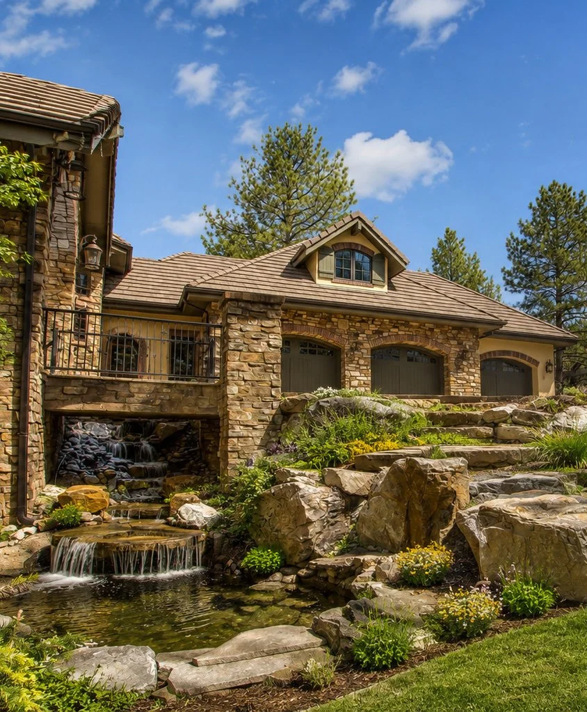 Natural stone facade entry, bridge and landscaped water feature, Castle Rock, Colorado