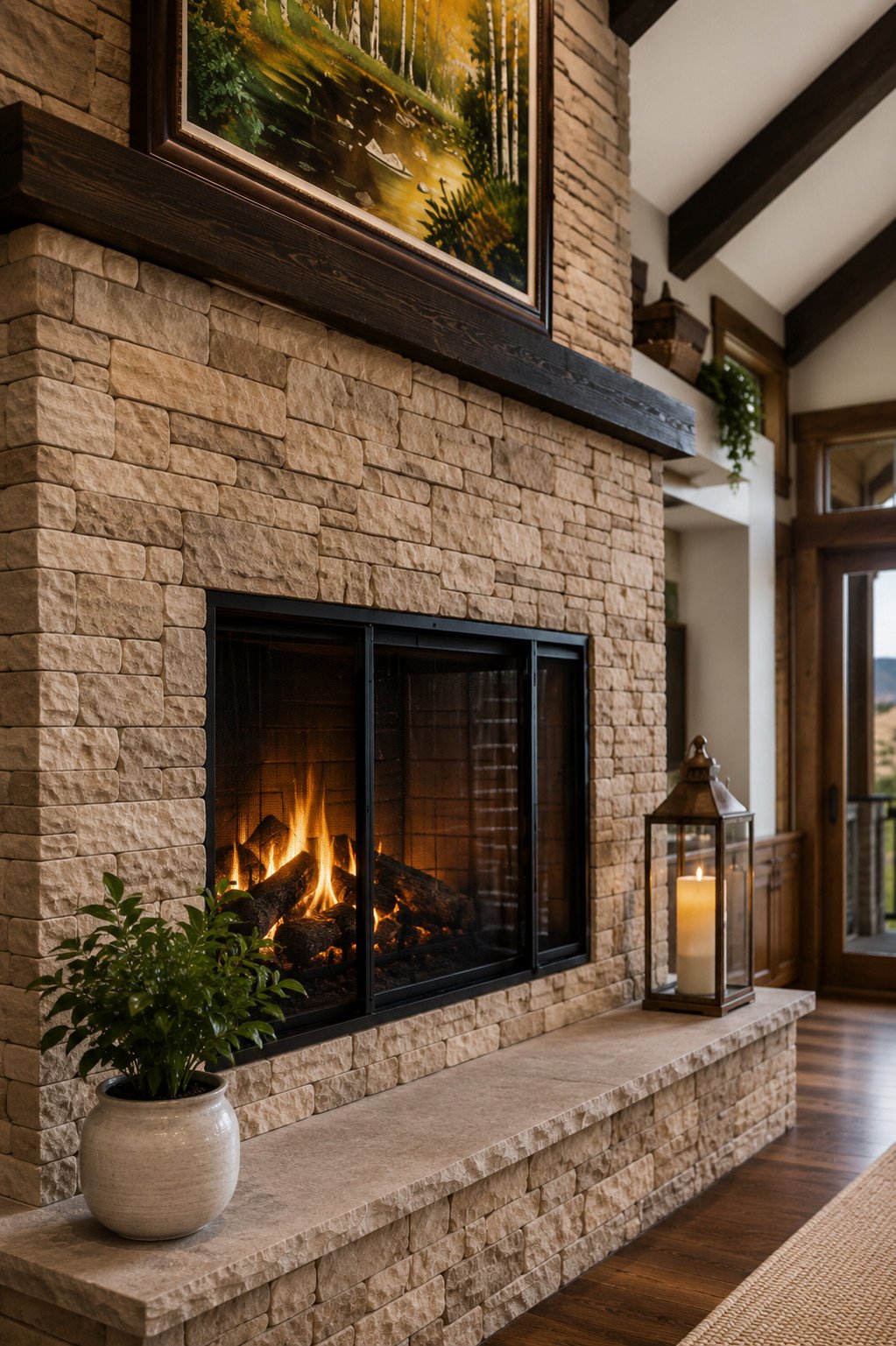 Large wood burning linear  fireplace and stone wall, Franktown, Colorado
