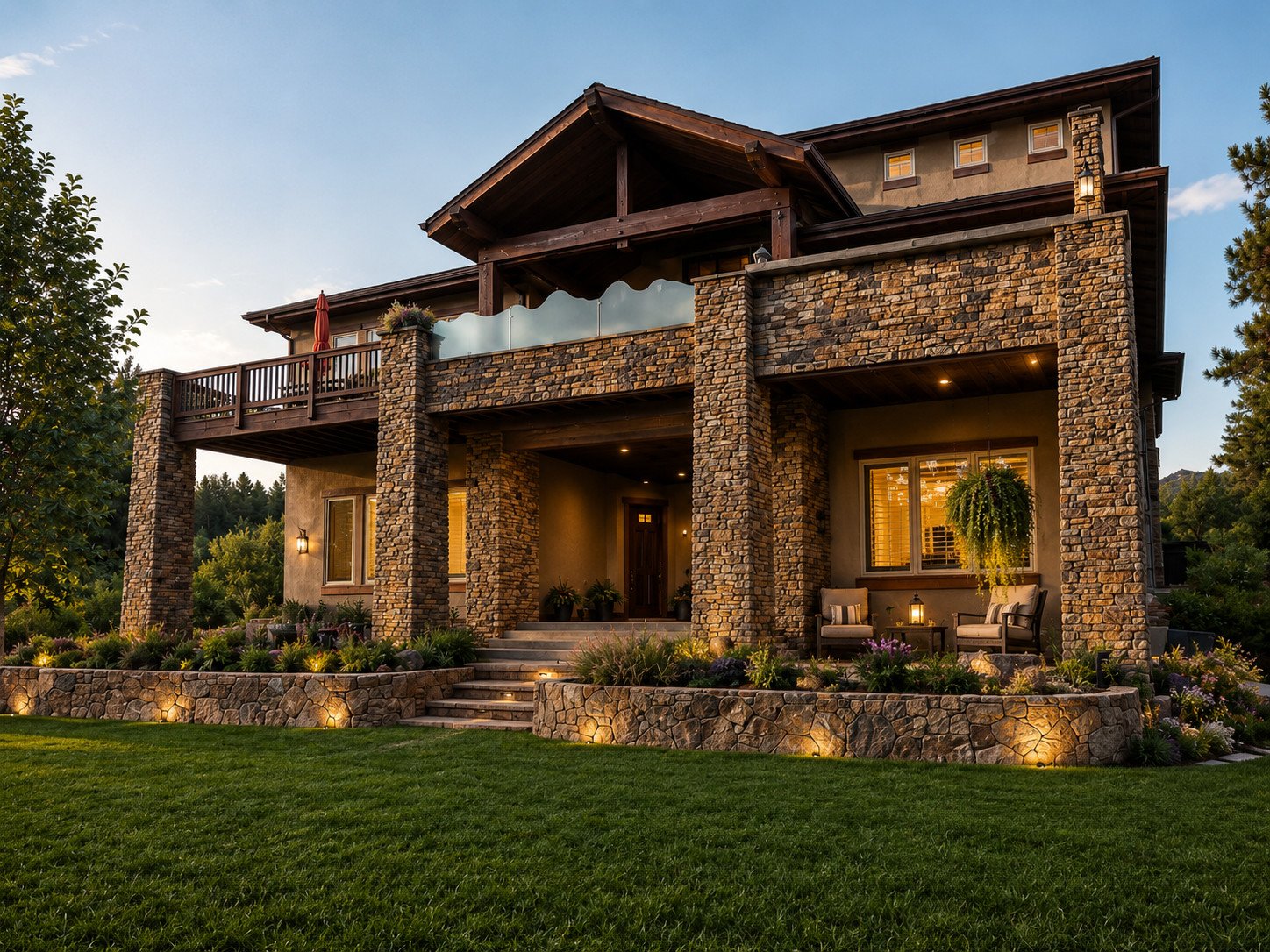 Custom home rear elevation with custom cut glass railing, Castle Rock, Colorado