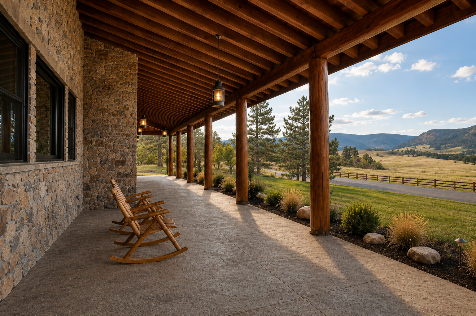 A covered porch with stone walls, wooden rocking chairs, hanging lantern lights, and a scenic view of rolling hills, trees, and a blue sky with clouds.