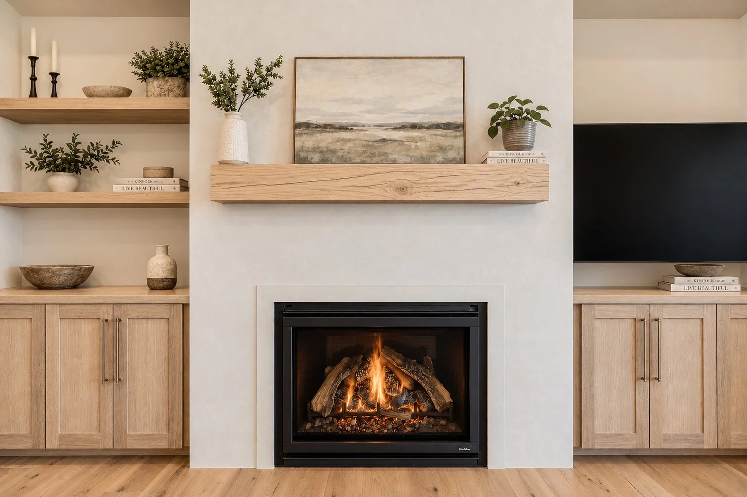 Living room plastered fireplace with wood shelving and books, Parker, Colorado
