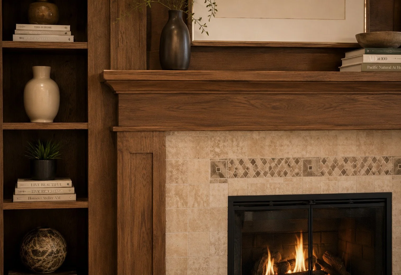 Custom craftsman fireplace with decorative tile surround, Elizabeth, Colorado