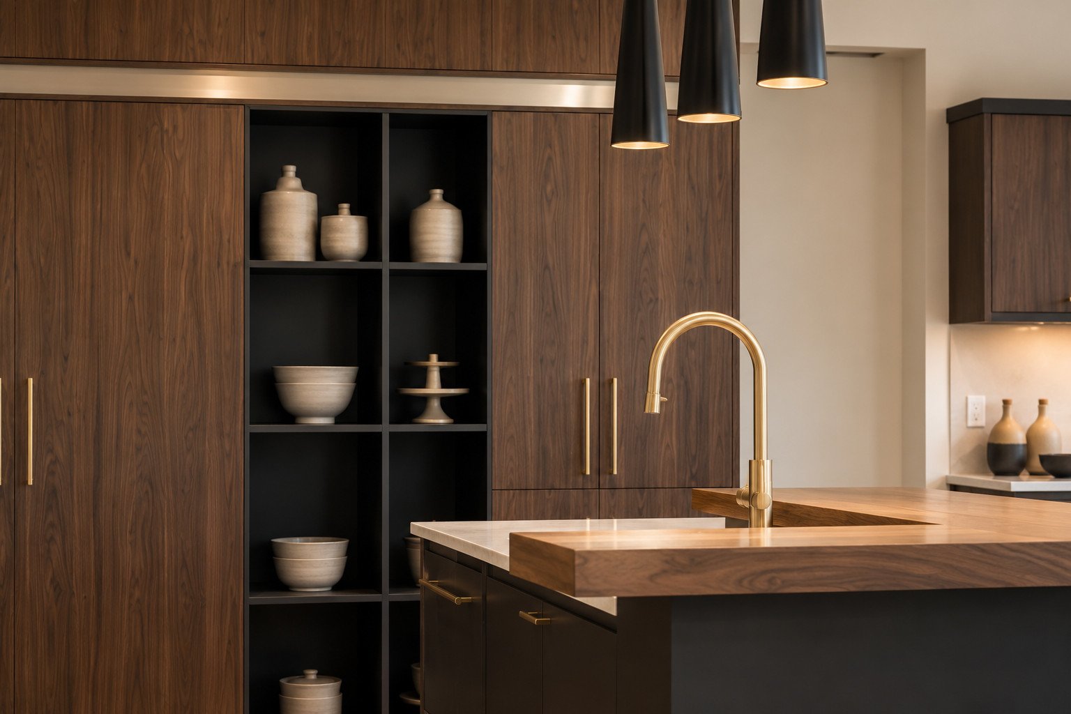 Kitchen island with marble countertop and black pendants, Cherry Hills Village, Colorado