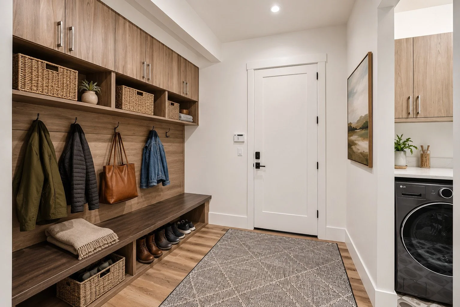 Mudroom entry with custom walnut wall storage and laundry area view, Franktown, Colorado