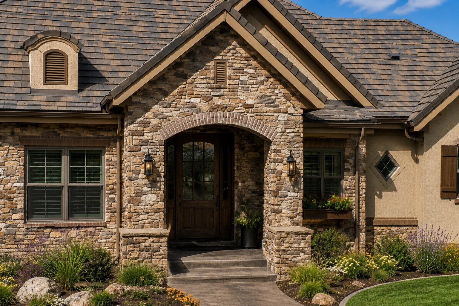 Entry with natural stone, arched doorway, wood front door and architectural lanterns, Parker, Colorado
