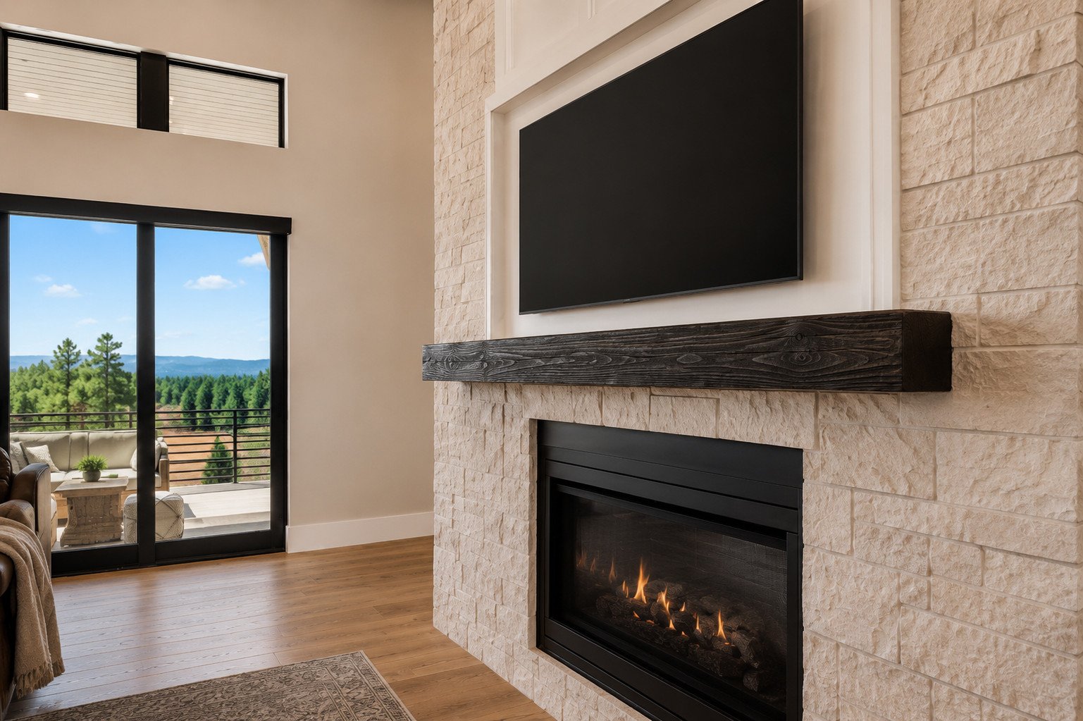 Living room with beige brick fireplace wall, Franktown, Colorado