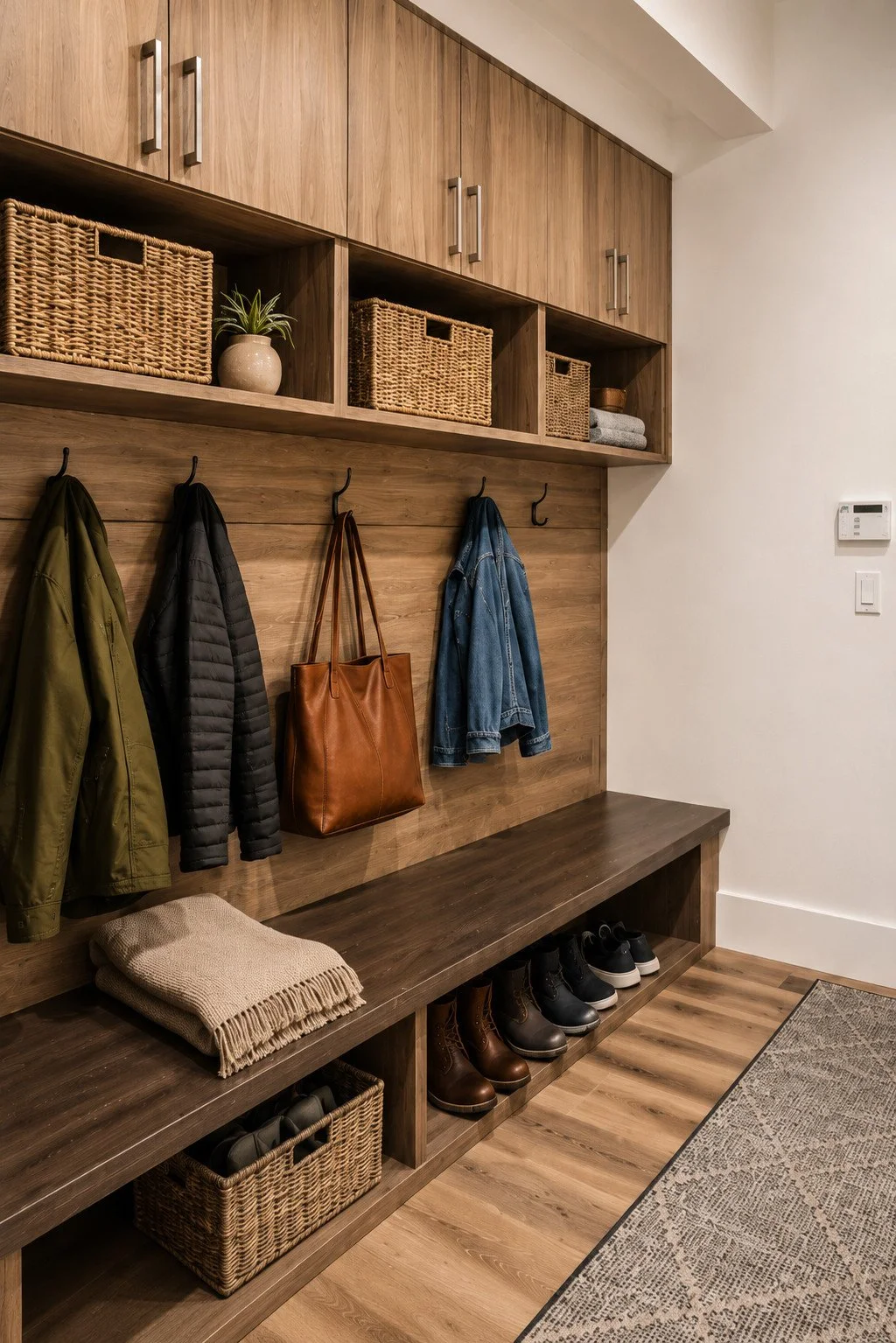Detail mudroom with coat hooks and storage baskets, Franktown, Colorado