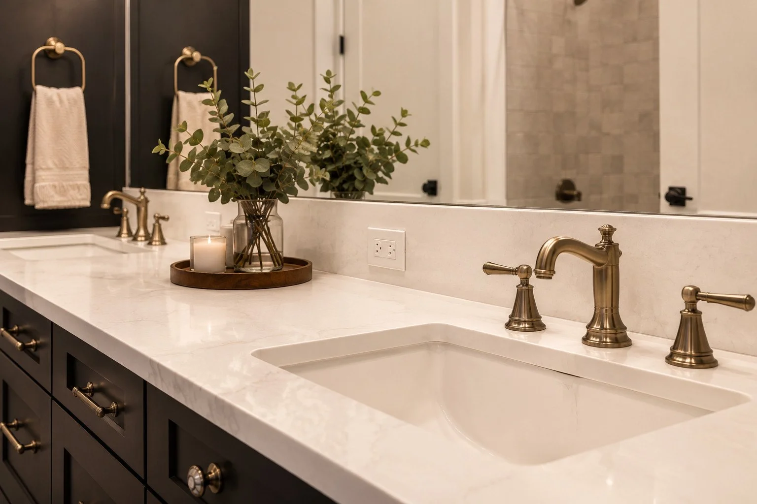 Bathroom vanity with gold fixtures and black cabinets, Parker, Colorado