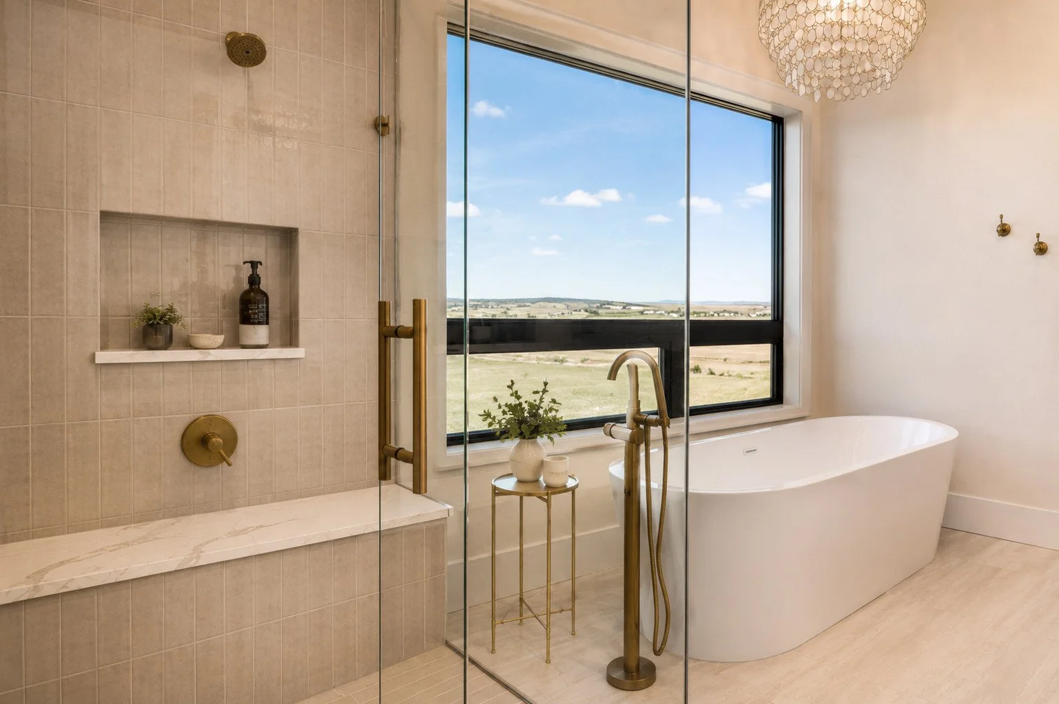 Primary bath with freestanding tub and picture window, Parker, Colorado