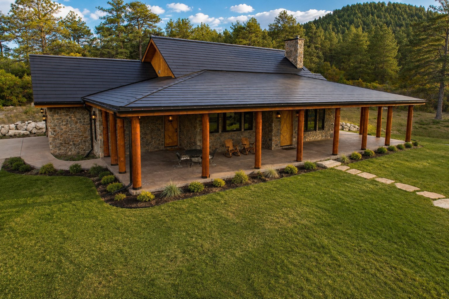 Rustic guest home with natural stone, timber columns and Tesla solar roof, Larkspur, Colorado
