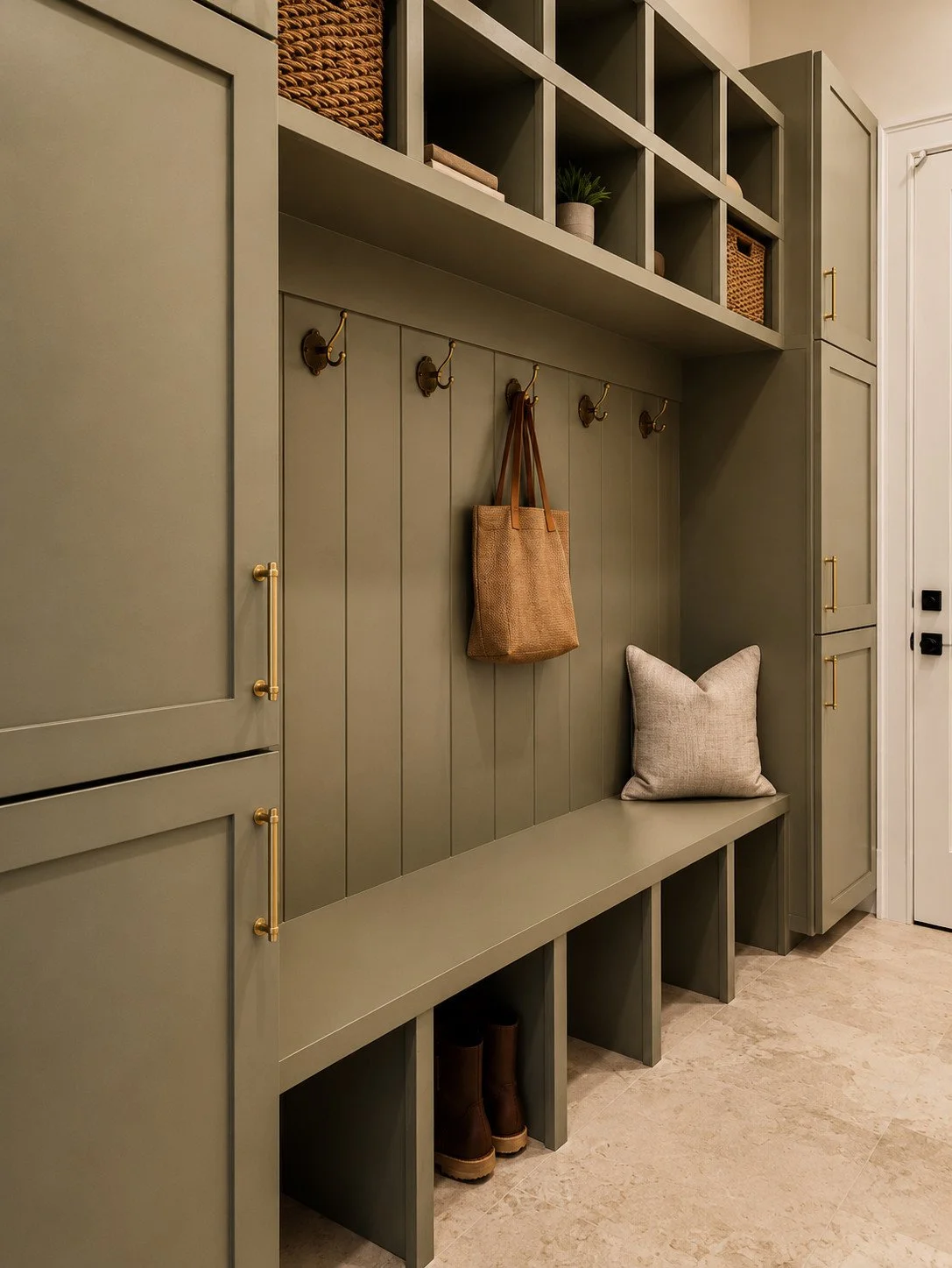 Mudroom entry with green storage and cubbies, Parker, Colorado