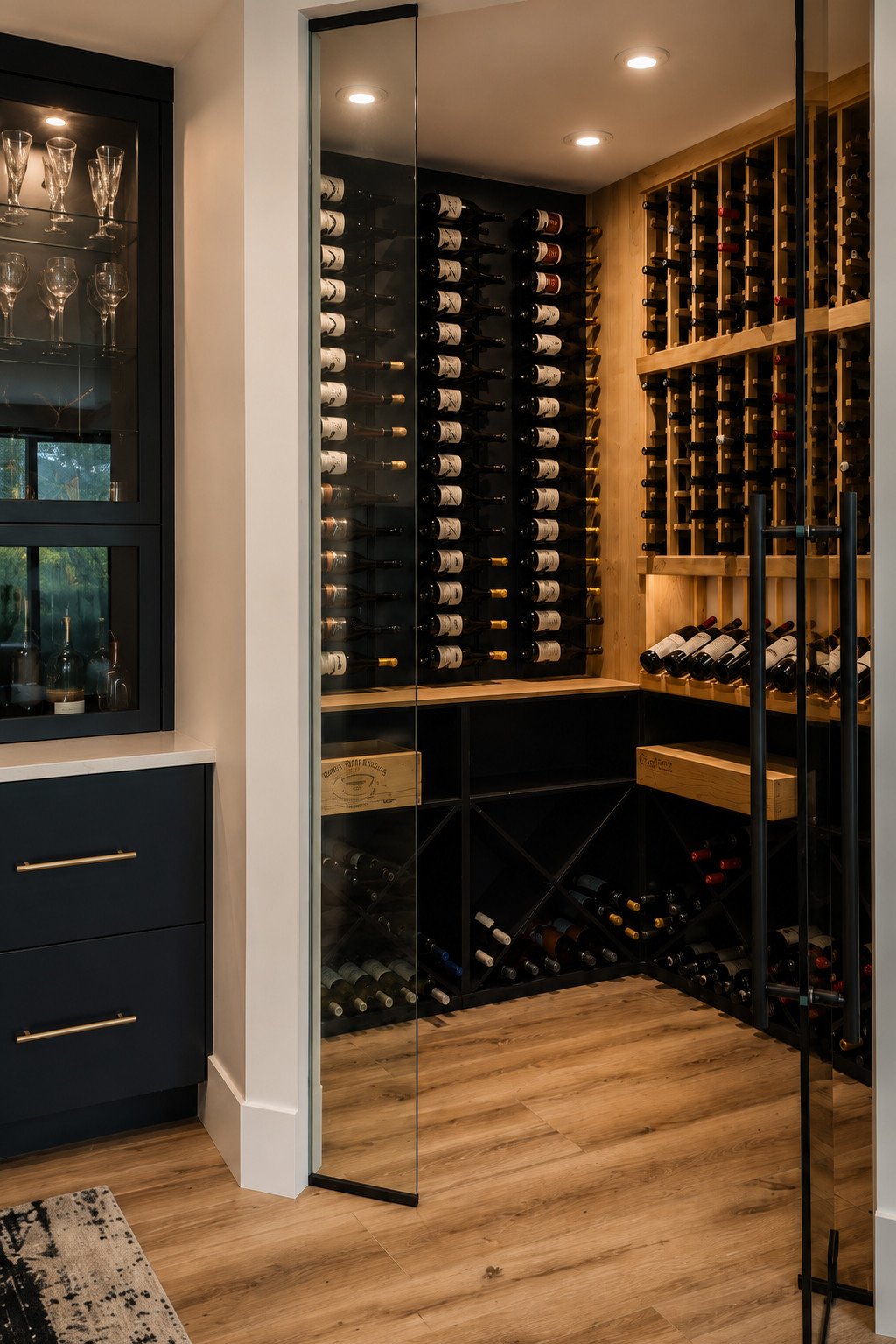 Wine cellar with wood and black shelving, Franktown, Colorado