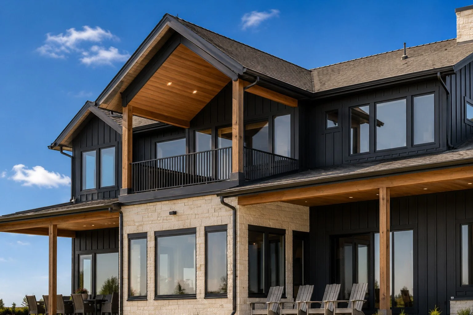 Custom home rear elevation with contrasting siding, large windows and covered upper balcony, Parker, Colorado