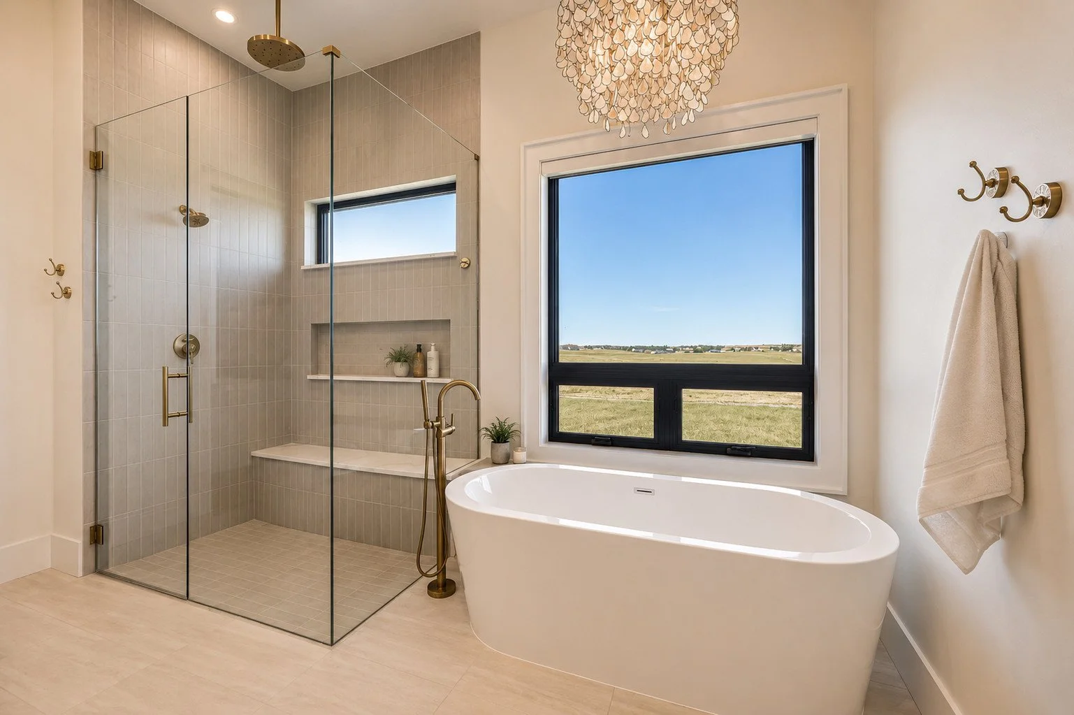 Primary bathroom spa with chandelier lighting, Parker, Colorado