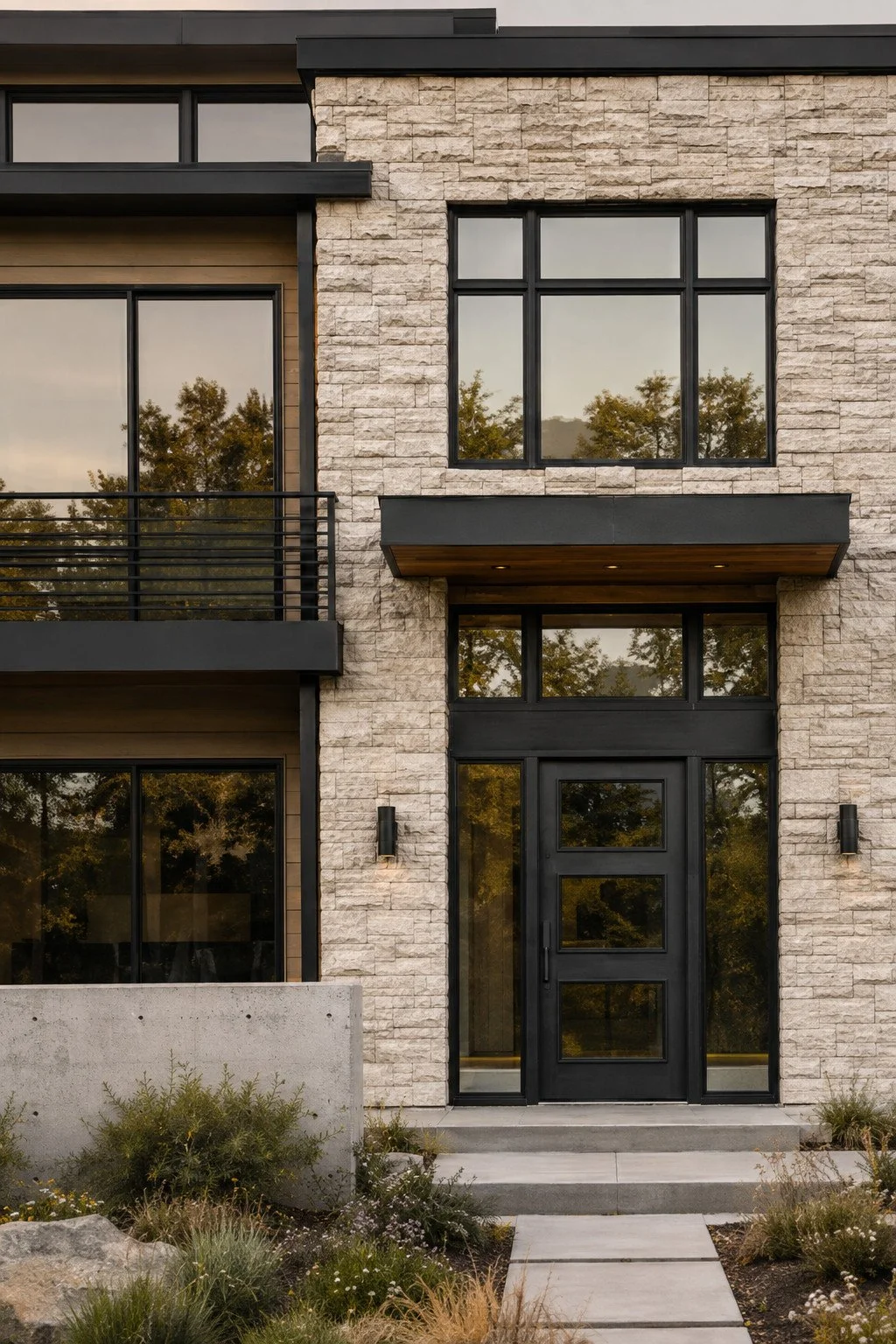 Contemporary custom home entry with natural stone, wood siding, black-framed windows and modern front door, Larkspur, Colorado