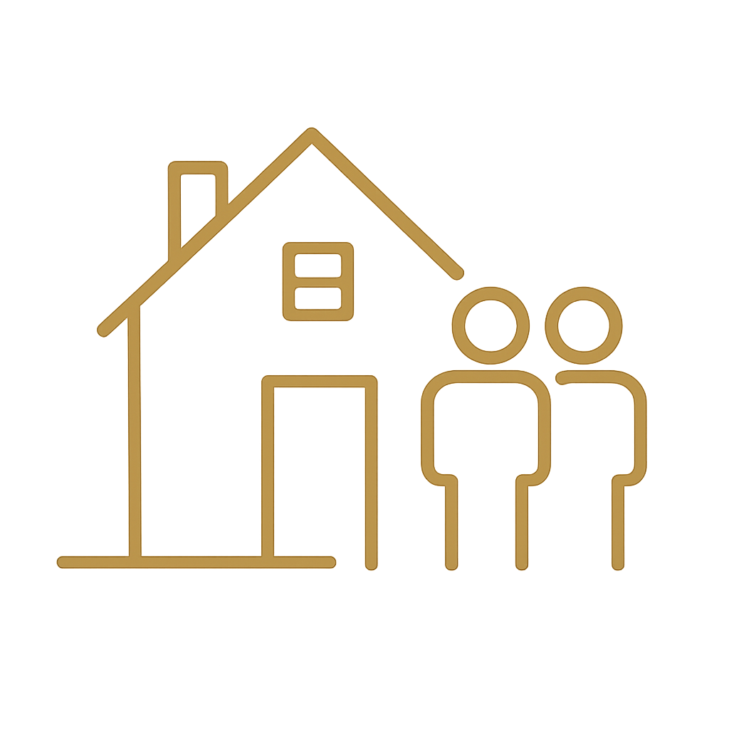 Golden line drawing of a house with two people standing outside.