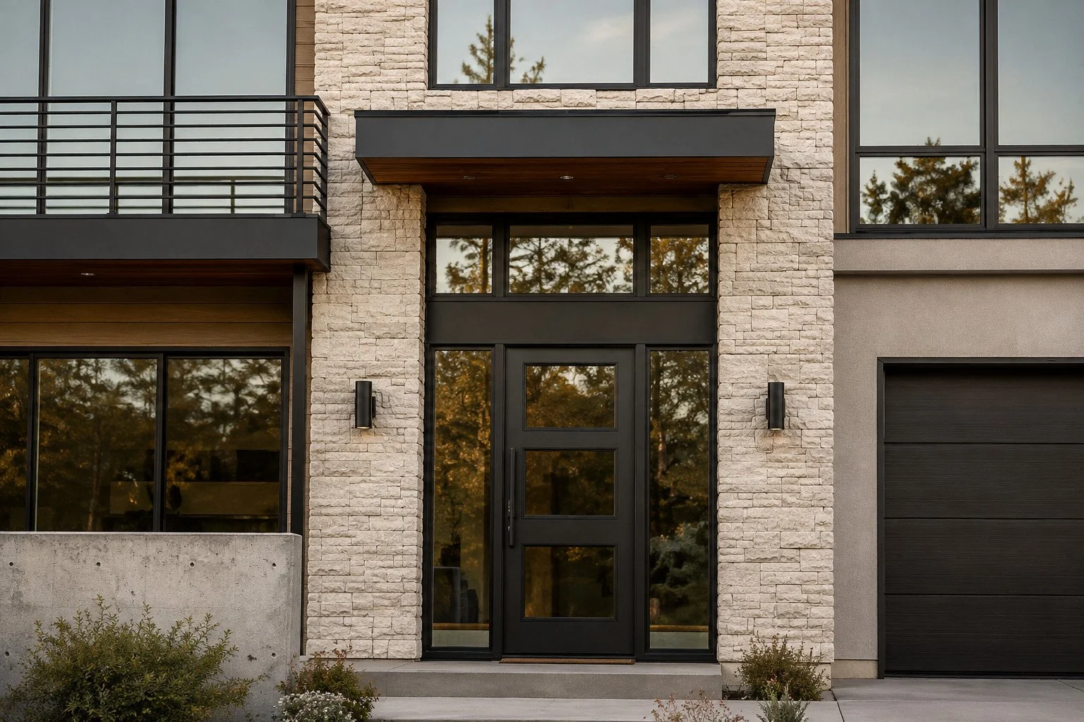 Modern custom home entry with light stone facade, black front door, balcony and large windows, Larkspur, Colorado