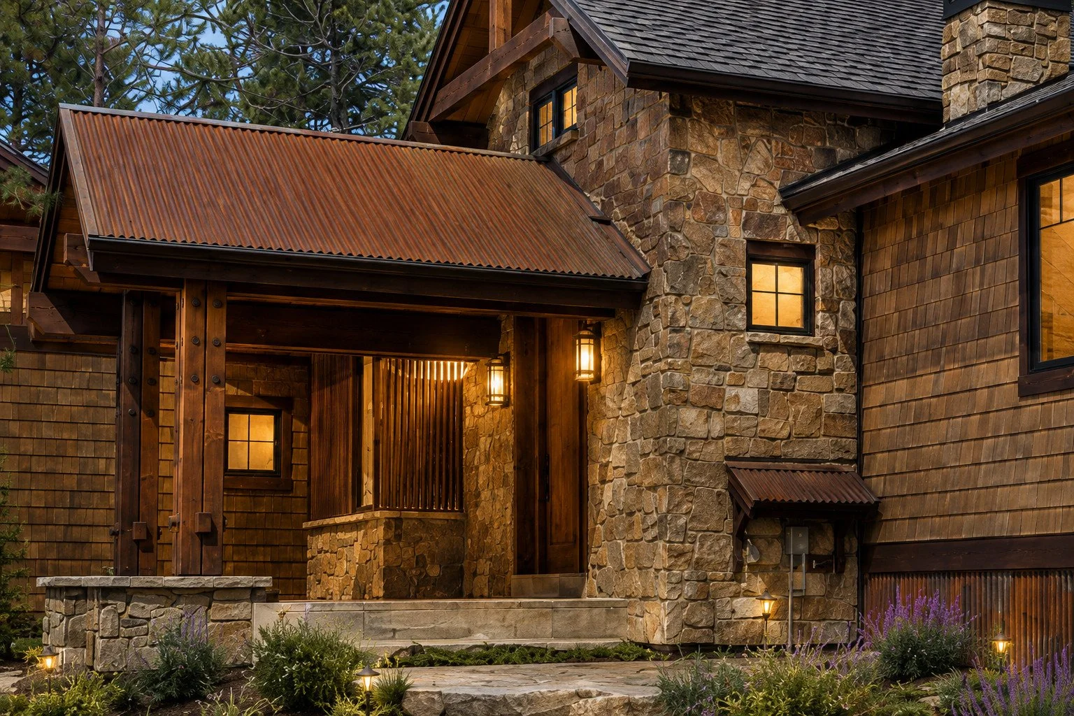 Custom home exterior at dusk with natural stone, wood siding and illuminated covered entry, Fraser, Colorado