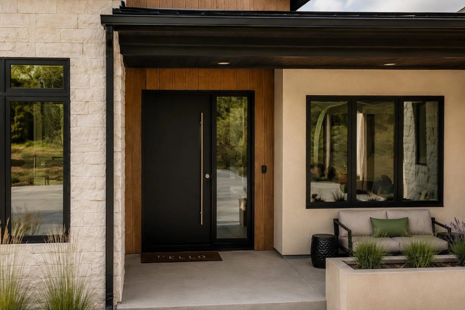 Modern custom home entry with black front door, expansive windows and covered seating area, Franktown, Colorado