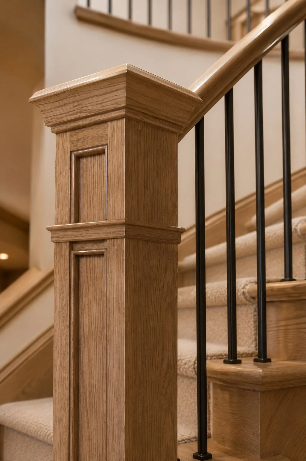 Oak staircase newel post with carved detail, Castle Rock, Colorado.