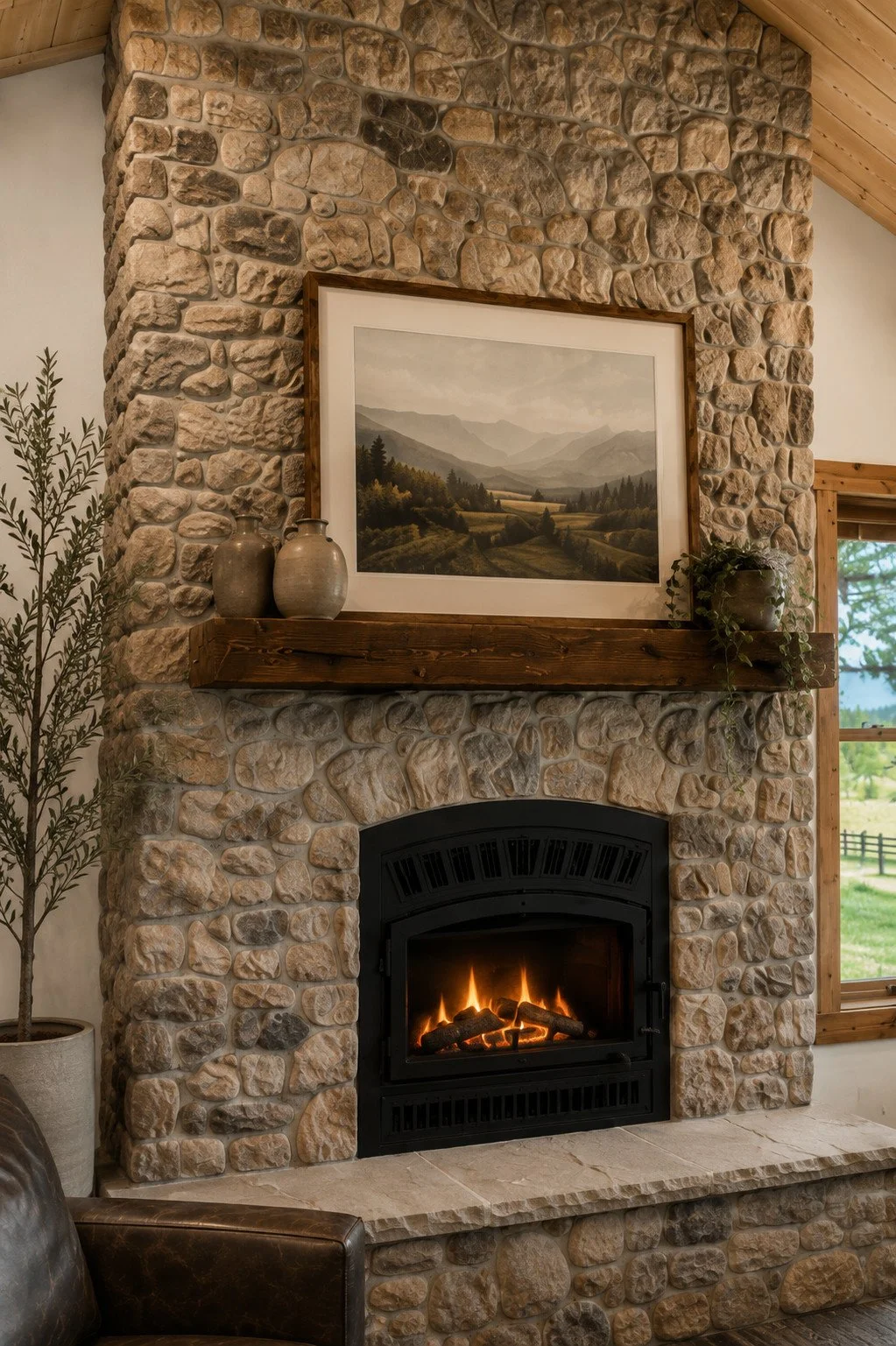 Stone fireplace with wood mantel and mountain art, Larkspur, Colorado