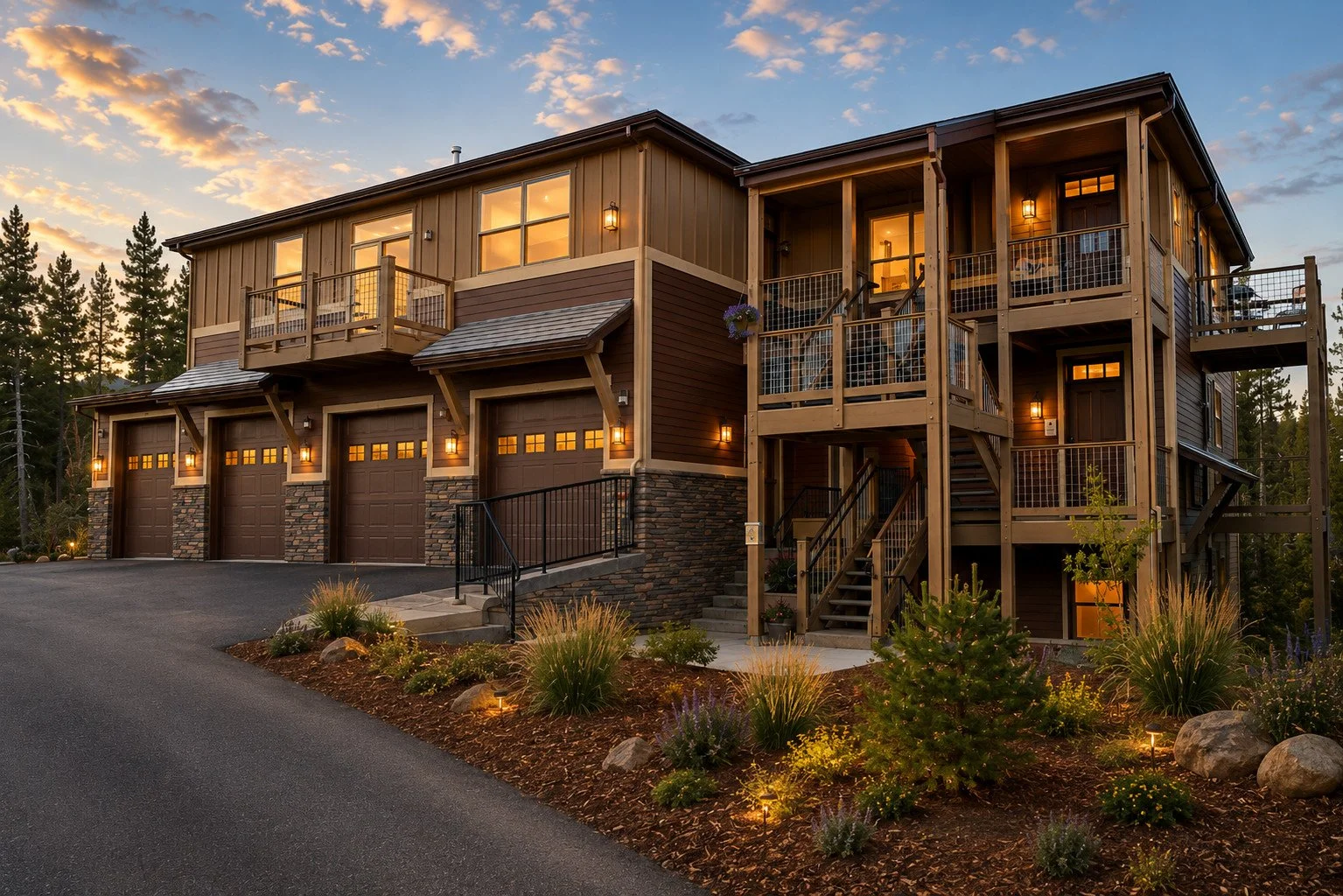 Condominium project at the Timbers illuminated at dusk, Fraser, Colorado