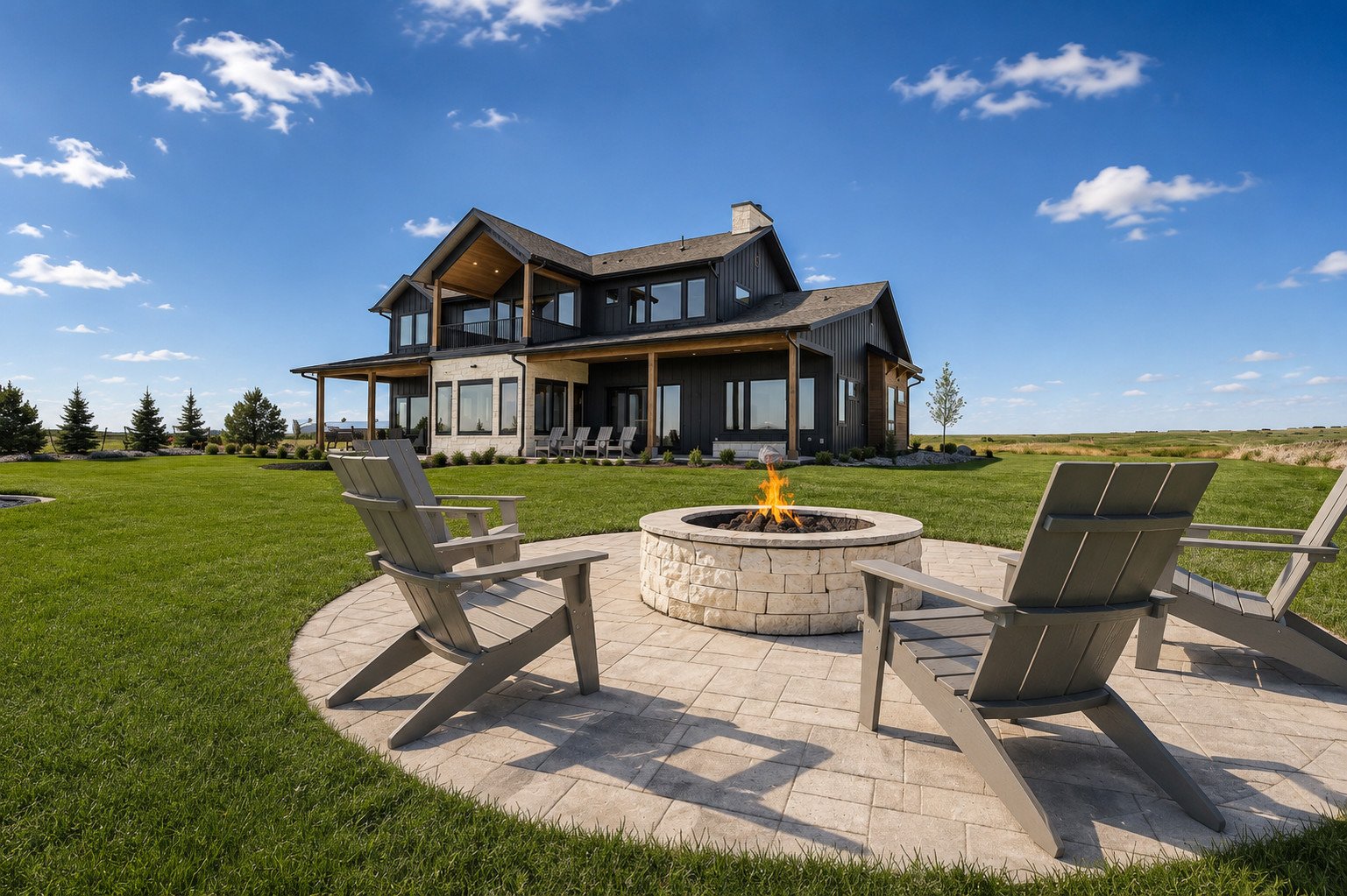 Colorado custom home rear elevation with expansive windows, balconies on acreage with outdoor living fire pit, Parker, Colorado