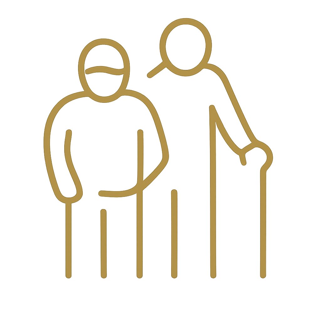 Minimalist line drawing of two elderly people, one with a cane, standing close together.