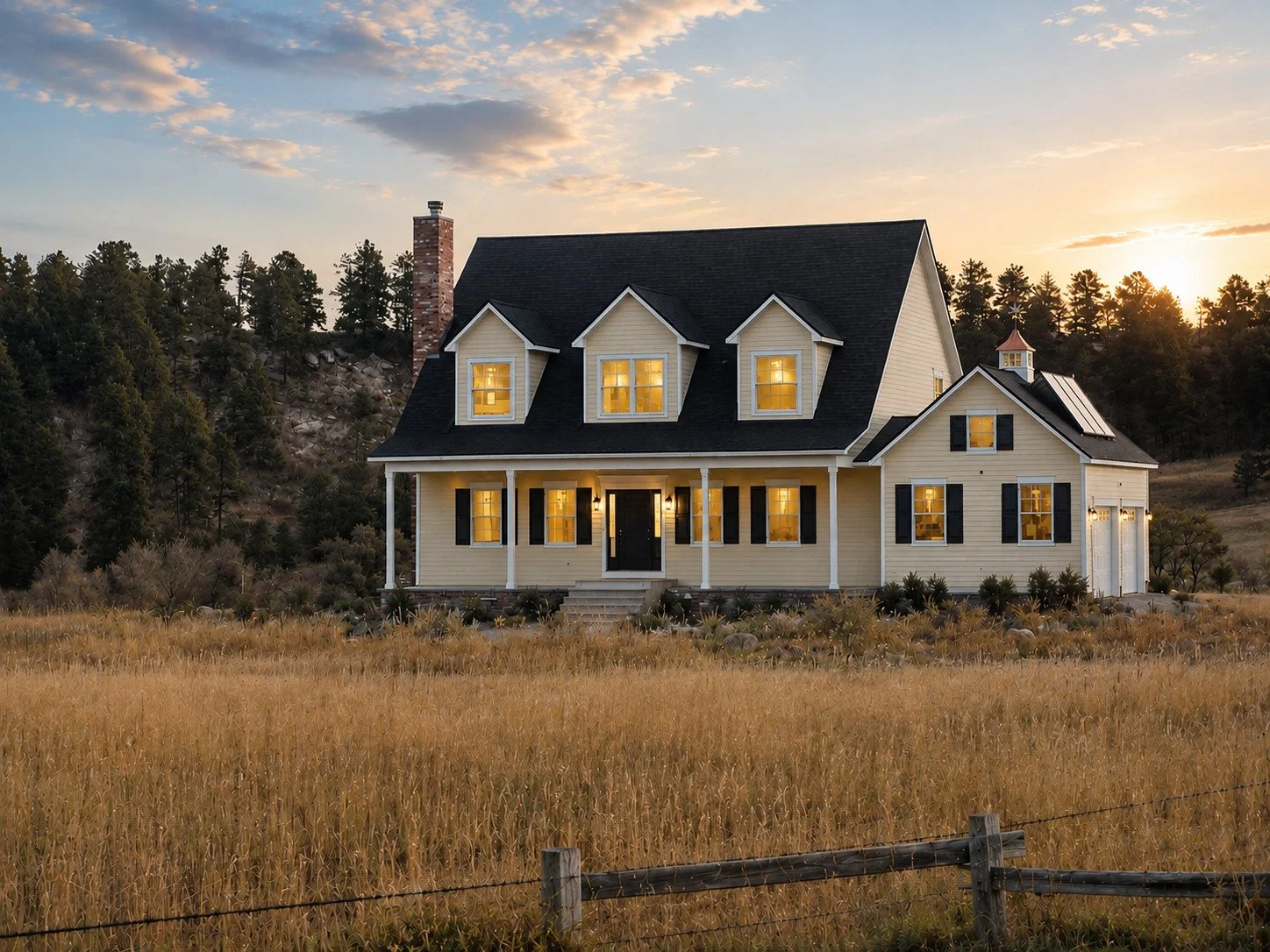 Traditional custom farmhouse front elevation home exterior with solar roof, Elizabeth, Colorado