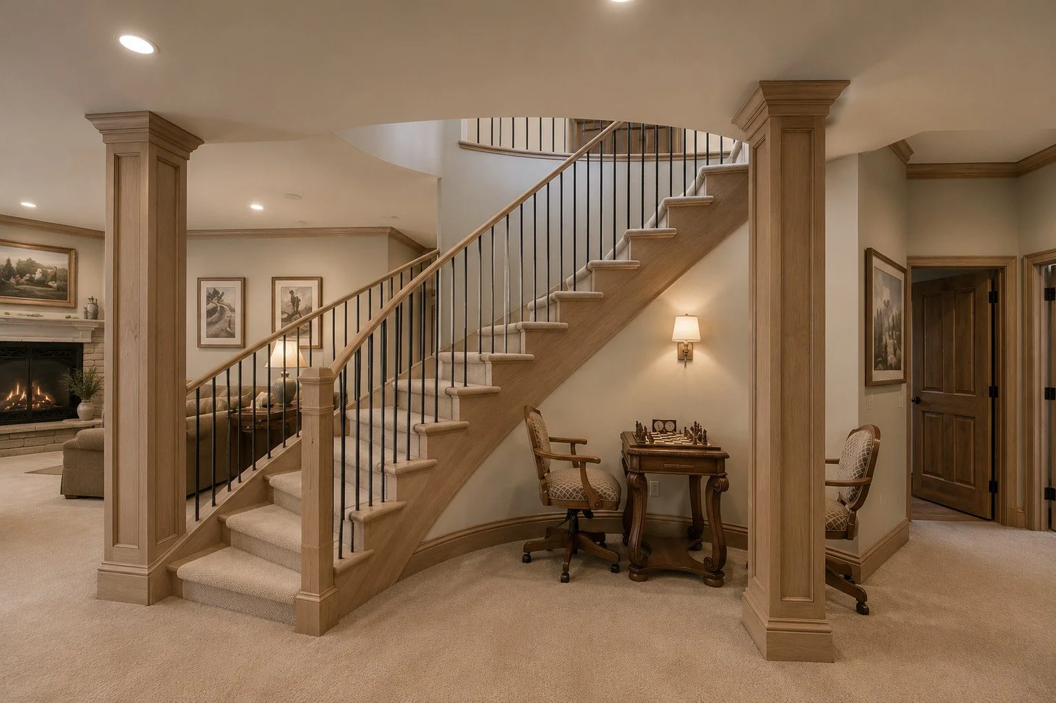 Finished basement curved staircase with game desk nook, Castle Rock, Colorado