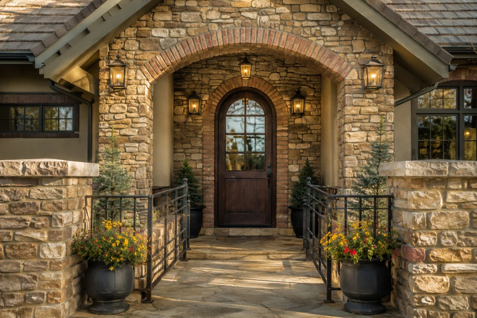 Custom home entry with natural stone walls, wood front door and architectural lanterns, Castle Rock, Colorado
