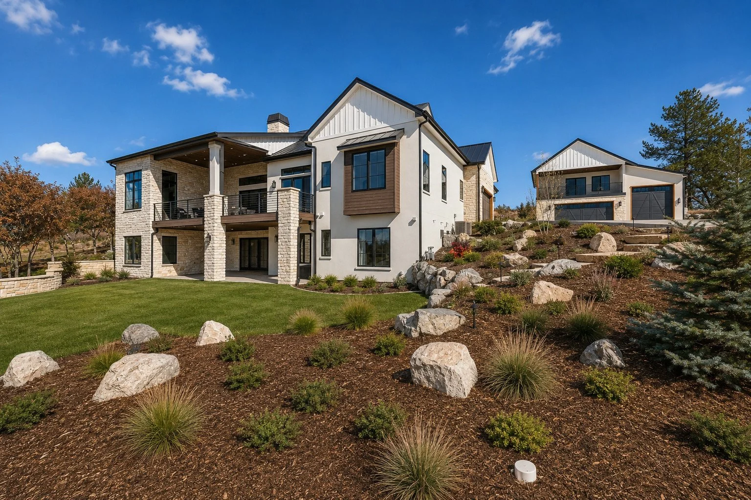 Modern farmhouse rear elevation with detached living space ADU, Franktown, Colorado